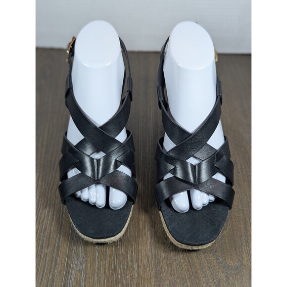 Cole Haan Crystal Strappy Leather Wedges Sandals Womens 8.5 Black Jute Heel Logo - Picture 4 of 15
